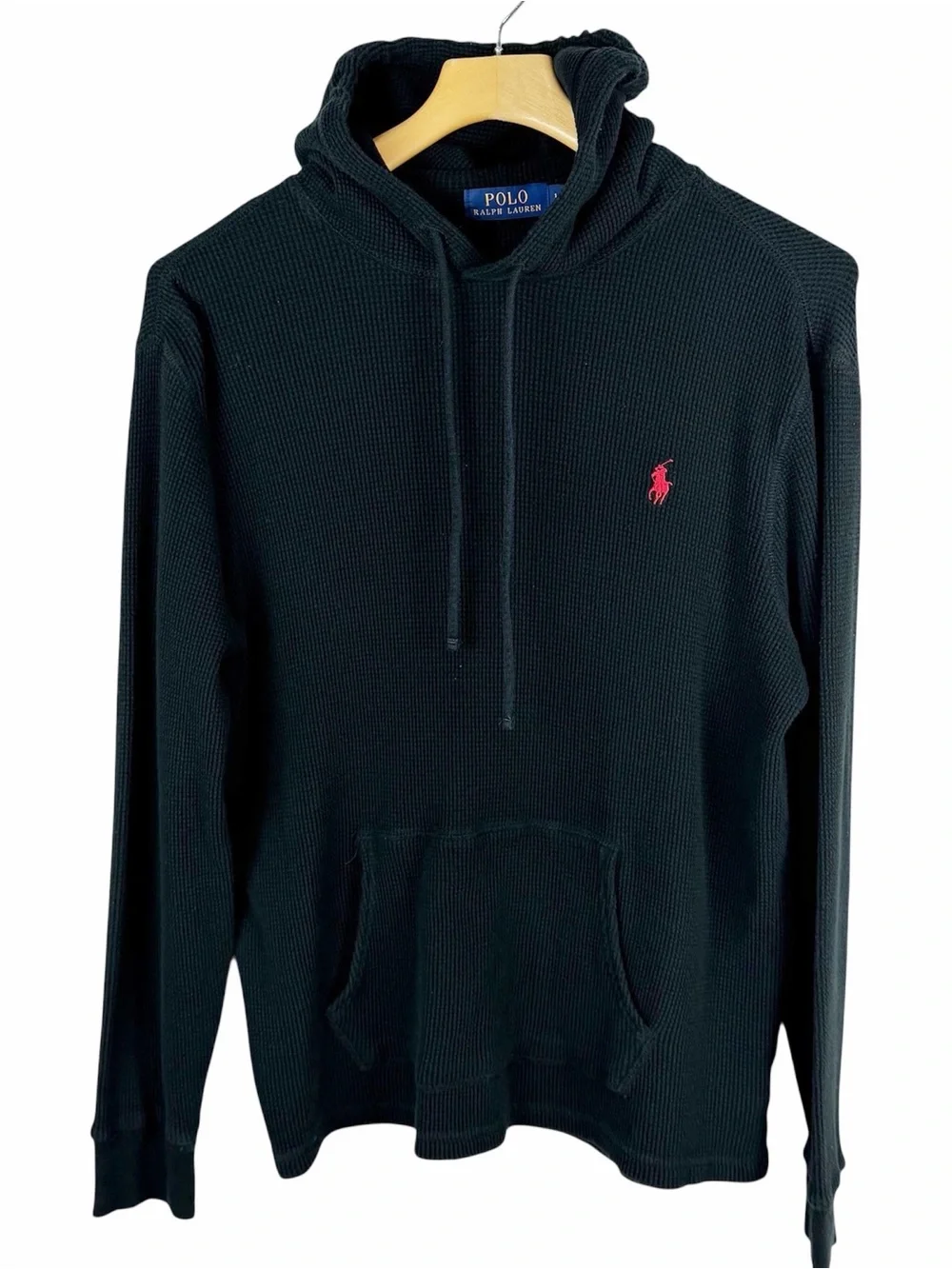 Polo Ralph Lauren Black Long Sleeve Thermal Waffle Weave Knit Hoodie Large